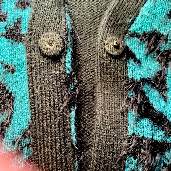 Hinge Single Closure soft Furry shag Cardigan Sweater teal black M women - Picture 6 of 9